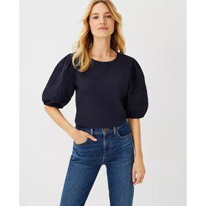 Ann Taylor Lace Trim Puff Sleeve Pima Cotton Top Navy XL